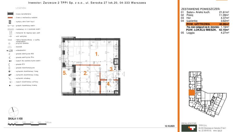 Rzut - Mieszkanie na sprzedaż 2 pokoje o powierzchni 40,99 m² - numer 21 w Zarzecze II Pruszków