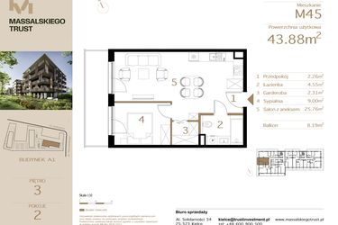 Rzut - Mieszkanie na sprzedaż 2 pokoje o powierzchni 43,88 m² - numer M45 w Massalskiego Trust