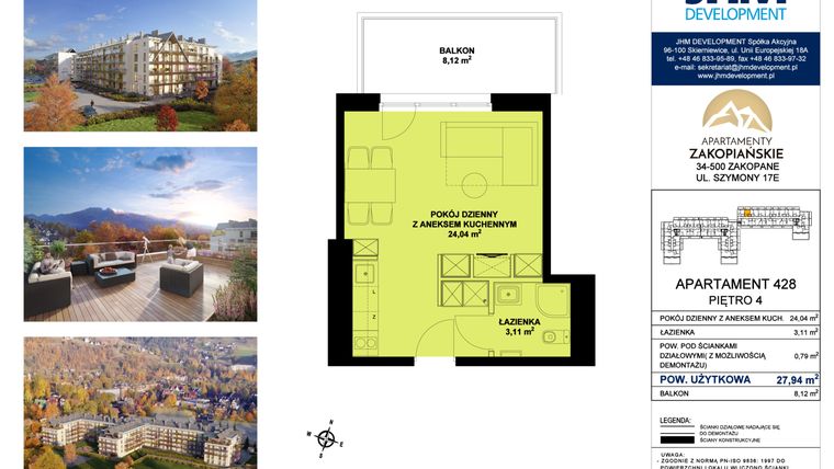 Rzut - Mieszkanie na sprzedaż 1 pokój o powierzchni 27,94 m² - numer 428 w Apartamenty Zakopiańskie
