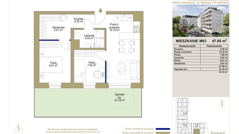 Rzut - Mieszkanie na sprzedaż 3 pokoje o powierzchni 47,85 m² - numer 63 w Barbary 19
