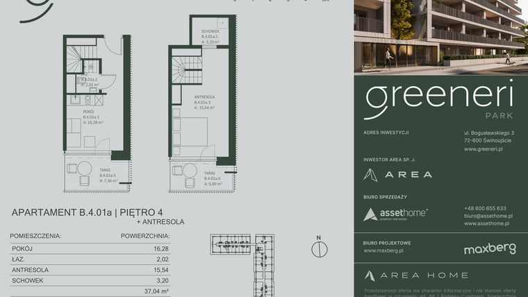 Rzut - Mieszkanie na sprzedaż 2 pokoje o powierzchni 37,04 m² - numer B.4.01a w Greeneri Park