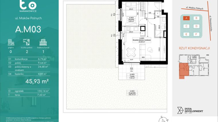 Rzut - Mieszkanie na sprzedaż 2 pokoje o powierzchni 45,93 m² - numer A.M03 w No To Naramowice