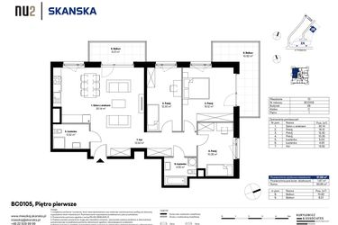 Rzut - Mieszkanie na sprzedaż 4 pokoje o powierzchni 92,56 m² - numer BC0105 w NU2 Warszawa Wola