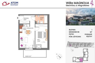 Rzut - Mieszkanie na sprzedaż 2 pokoje o powierzchni 40,67 m² - numer Bud.1-7 w Willa Magnolia