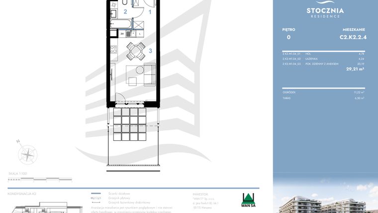 Rzut - Mieszkanie na sprzedaż 1 pokój o powierzchni 29,21 m² - numer C2.K2.2.4 w Stocznia Residence