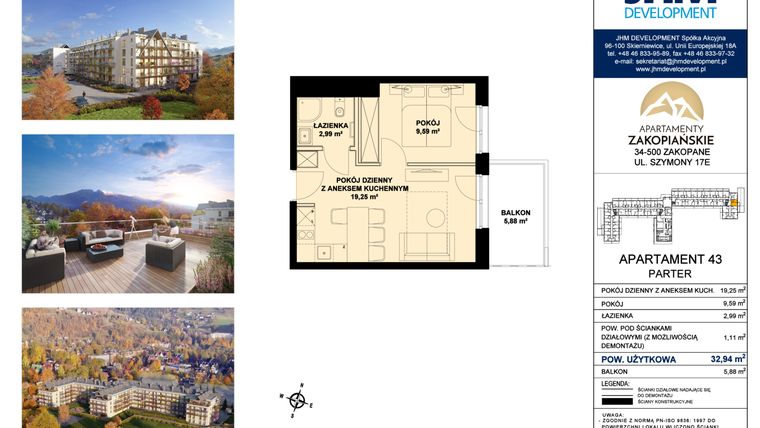 Rzut - Mieszkanie na sprzedaż 2 pokoje o powierzchni 32,95 m² - numer 43 w Apartamenty Zakopiańskie