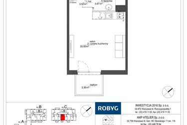 Rzut - Mieszkanie na sprzedaż 1 pokój o powierzchni 28,41 m² - numer RM/2A/C/1/3 w Rytm Mokotowa - etap 2A