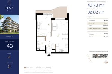 Rzut - Mieszkanie na sprzedaż 2 pokoje o powierzchni 40,73 m² - numer B6M43 w Plaza City