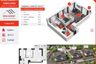 Rzut - Mieszkanie na sprzedaż 3 pokoje o powierzchni 56,9 m² - numer A13 w Apartamenty Tabelowa