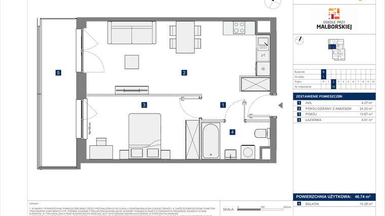 Rzut - Mieszkanie na sprzedaż 2 pokoje o powierzchni 46,74 m² - numer B.16 w Osiedle przy Malborskiej II