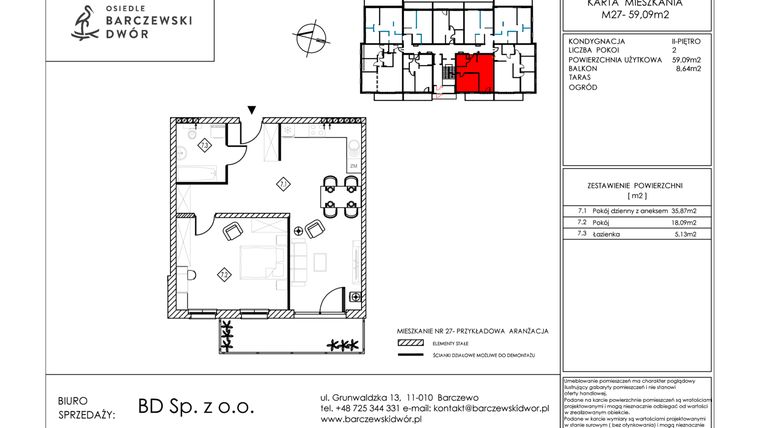 Rzut - Mieszkanie na sprzedaż 2 pokoje o powierzchni 59,09 m² - numer M27 w Osiedle Barczewski Dwór etap III