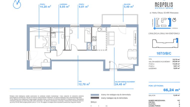 Rzut - Mieszkanie na sprzedaż 3 pokoje o powierzchni 66,24 m² - numer C.107 w Neopolis III
