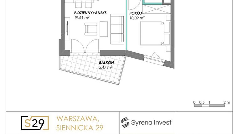 Rzut - Mieszkanie na sprzedaż 2 pokoje o powierzchni 37,21 m² - numer 29 w Siennicka 29