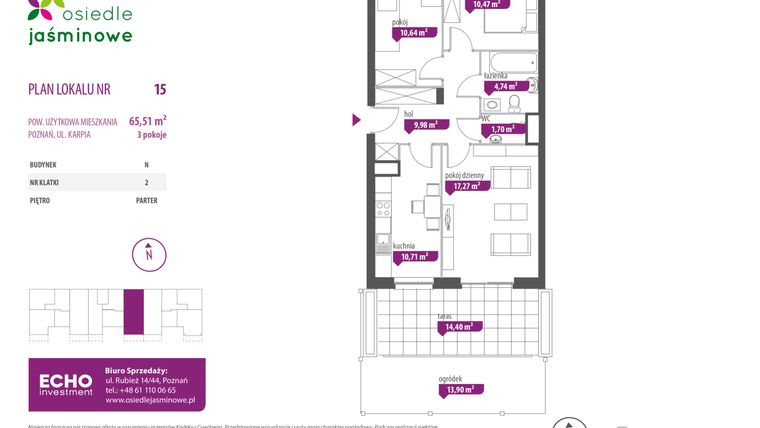 Rzut - Mieszkanie na sprzedaż 3 pokoje o powierzchni 65,51 m² - numer N.15 w Osiedle Jaśminowe