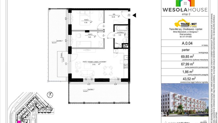 Rzut - Mieszkanie na sprzedaż 3 pokoje o powierzchni 67,99 m² - numer A.0.04 w Wesoła House Etap II