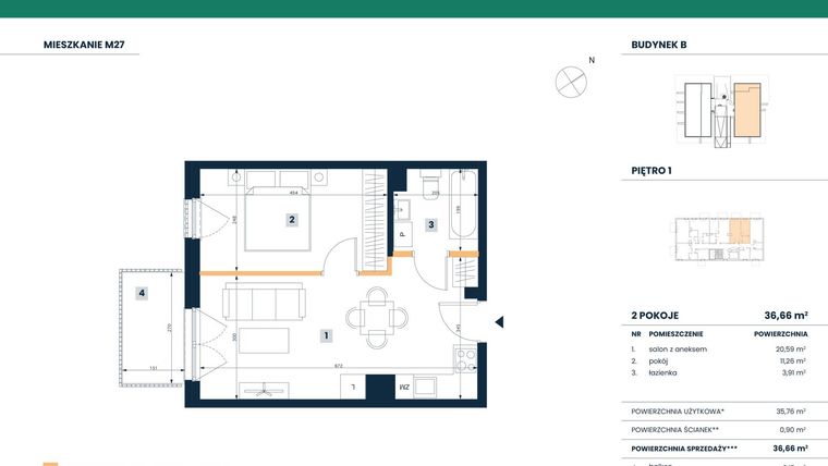 Rzut - Mieszkanie na sprzedaż 2 pokoje o powierzchni 35,76 m² - numer M27 w Reneta