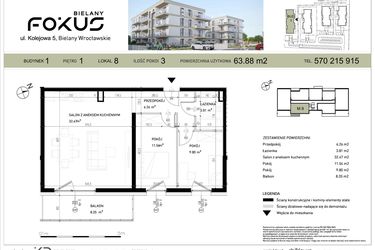 Rzut - Mieszkanie na sprzedaż 3 pokoje o powierzchni 63,88 m² - numer I.8 w Fokus Bielany