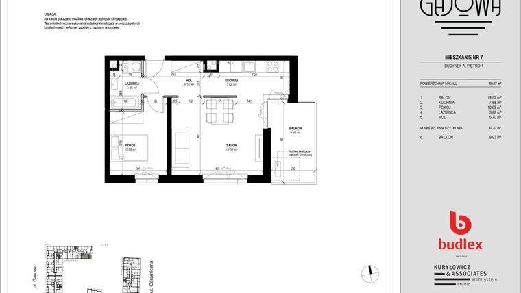 Rzut - Mieszkanie na sprzedaż 2 pokoje o powierzchni 48,49 m² - numer 7 w Gajowa bud. A