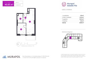 Rzut - Mieszkanie na sprzedaż 2 pokoje o powierzchni 40,83 m² - numer 2.B.1.04 w Murapol Osiedle Filo etap II
