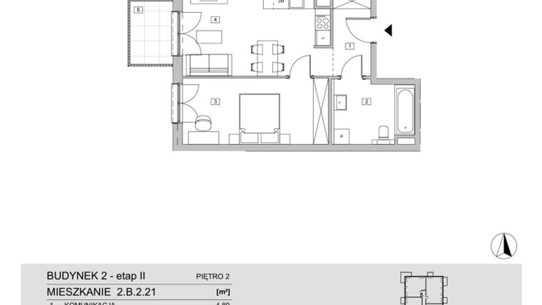 Rzut - Mieszkanie na sprzedaż 2 pokoje o powierzchni 46,61 m² - numer 2.B.2.21 w ATAL Apollina II