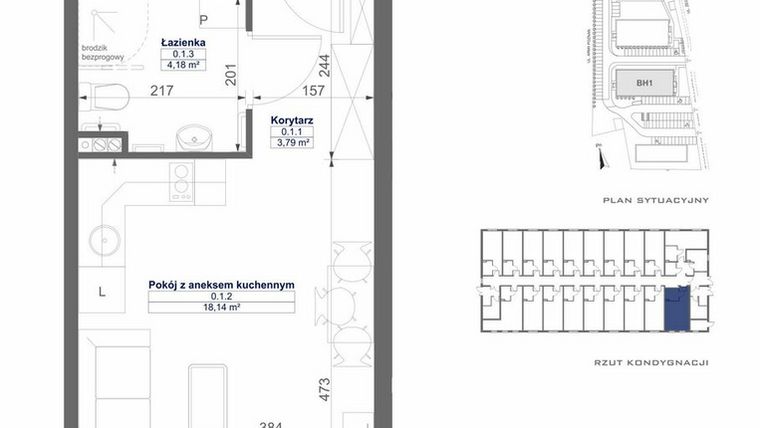 Rzut - Mieszkanie na sprzedaż 1 pokój o powierzchni 26,11 m² - numer BH1/0/1 w Mikroapartamenty Luboń
