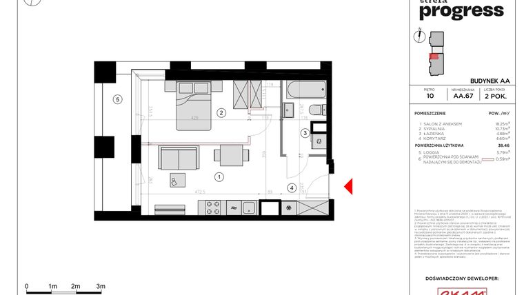 Rzut - Mieszkanie na sprzedaż 2 pokoje o powierzchni 38,82 m² - numer AA.67 w Strefa PROGRESS