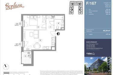 Rzut - Mieszkanie na sprzedaż 2 pokoje o powierzchni 45,34 m² - numer F167 w Goplana budynek F