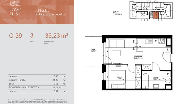 Rzut - Mieszkanie na sprzedaż 2 pokoje o powierzchni 36,23 m² - numer M39_NF.c w Nowe Flisy II