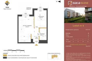 Rzut - Mieszkanie na sprzedaż 2 pokoje o powierzchni 44,34 m² - numer 6 w Stacja Błonie etap II