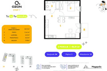Rzut - Mieszkanie na sprzedaż 2 pokoje o powierzchni 46,91 m² - numer 34.12 w Osiedle Ozon etap VII