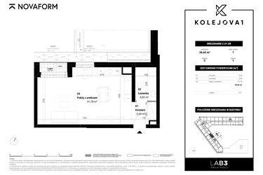 Rzut - Mieszkanie na sprzedaż 1 pokój o powierzchni 39,62 m² - numer C-01-08 w Kolejova 1