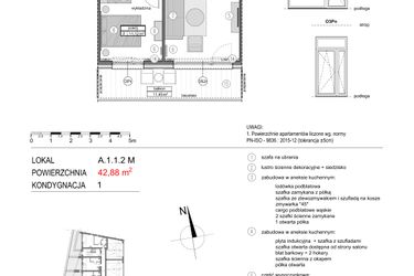 Rzut - Mieszkanie na sprzedaż 2 pokoje o powierzchni 43,04 m² - numer A.1.1.2M w Mikołajki Apartamenty