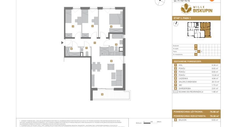 Rzut - Mieszkanie na sprzedaż 4 pokoje o powierzchni 76,9 m² - numer B.4 w Wille Biskupin