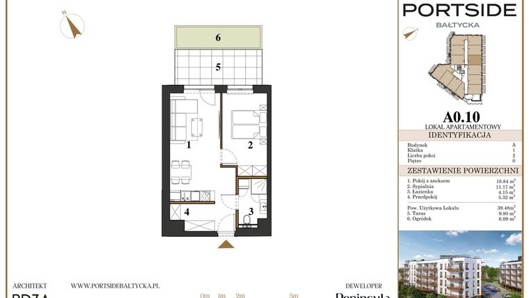 Rzut - Mieszkanie na sprzedaż 2 pokoje o powierzchni 39,48 m² - numer A0.10 w Portside Bałtycka
