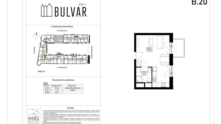 Rzut - Mieszkanie na sprzedaż 1 pokój o powierzchni 29,71 m² - numer B20 w Bulvar etap II