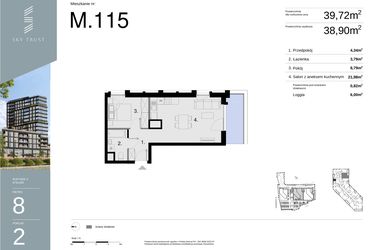 Rzut - Mieszkanie na sprzedaż 2 pokoje o powierzchni 39,72 m² - numer M115 w Sky Trust etap II