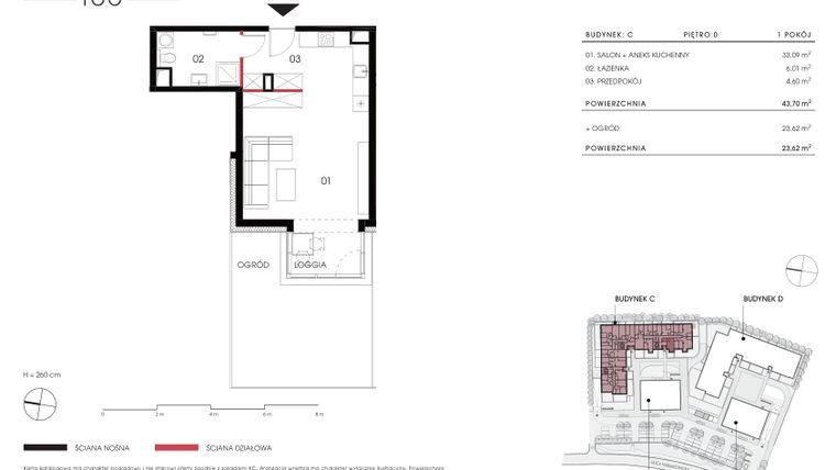 Rzut - Mieszkanie na sprzedaż 1 pokój o powierzchni 43,7 m² - numer C 0.16 w Naramowicka 100