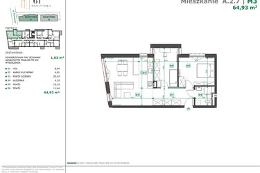 Rzut - Mieszkanie na sprzedaż 3 pokoje o powierzchni 65,96 m² - numer A.2.7 w Apartamenty Pszczyńska