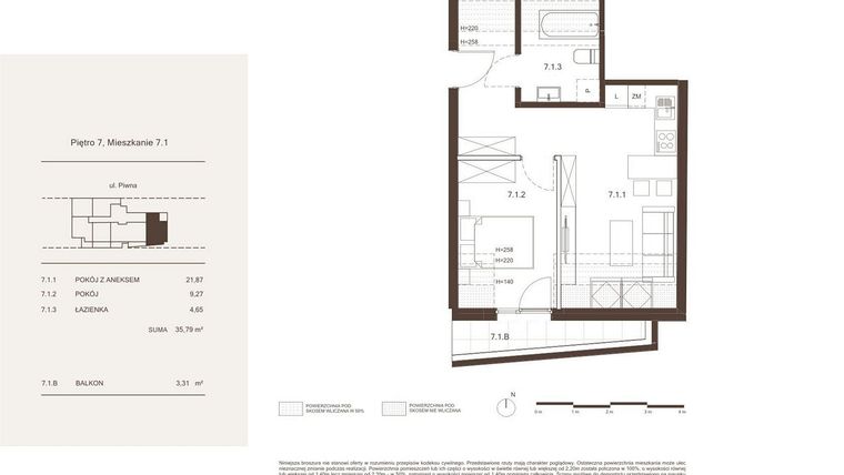 Rzut - Mieszkanie na sprzedaż 2 pokoje o powierzchni 35,79 m² - numer 7.1 w Piwna 21