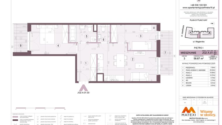 Rzut - Mieszkanie na sprzedaż 3 pokoje o powierzchni 58,67 m² - numer A.01.03 w Apartamenty Józefińska