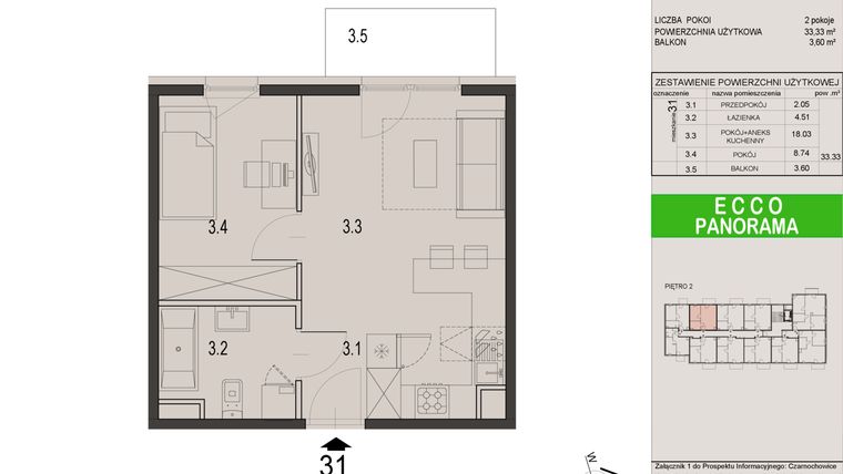 Rzut - Mieszkanie na sprzedaż 2 pokoje o powierzchni 33,33 m² - numer 31C w Ecco Panorama etap II budynki C, D