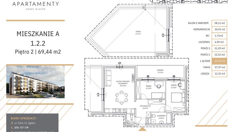 Rzut - Mieszkanie na sprzedaż 3 pokoje o powierzchni 69,44 m² - numer A1.2.2 w Apartamenty Nowe Miasto