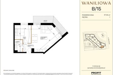 Rzut - Mieszkanie na sprzedaż 2 pokoje o powierzchni 47,36 m² - numer WA2/B/15 w Waniliowa