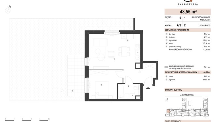 Rzut - Mieszkanie na sprzedaż 2 pokoje o powierzchni 48,55 m² - numer A/1/0.1 w Smardzewska 8