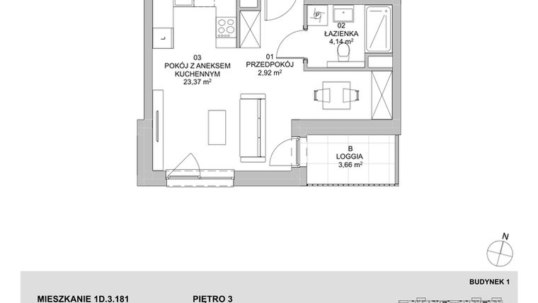 Rzut - Mieszkanie na sprzedaż 1 pokój o powierzchni 30,58 m² - numer 1D.3.181 w Francuska Park VIIIB