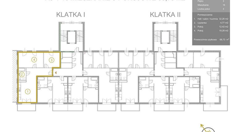 Rzut - Mieszkanie na sprzedaż 3 pokoje o powierzchni 68,73 m² - numer A3-1-16 w Vidok Residence - etap III