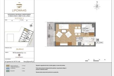 Rzut - Mieszkanie na sprzedaż 1 pokój o powierzchni 26,99 m² - numer A35 w Lipowa 45