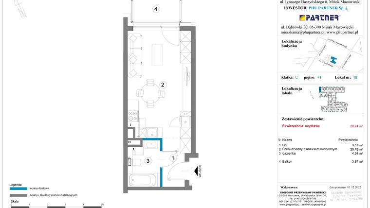 Rzut - Mieszkanie na sprzedaż 1 pokój o powierzchni 28,24 m² - numer 18 w Daszyńskiego Square etap 2