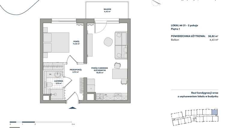 Rzut - Mieszkanie na sprzedaż 2 pokoje o powierzchni 38,82 m² - numer 21 w AtHome - Apartamenty inwestycyjne