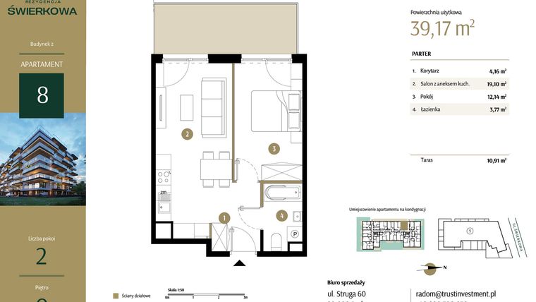 Rzut - Mieszkanie na sprzedaż 2 pokoje o powierzchni 39,17 m² - numer M.8 w Rezydencja Świerkowa - etap II